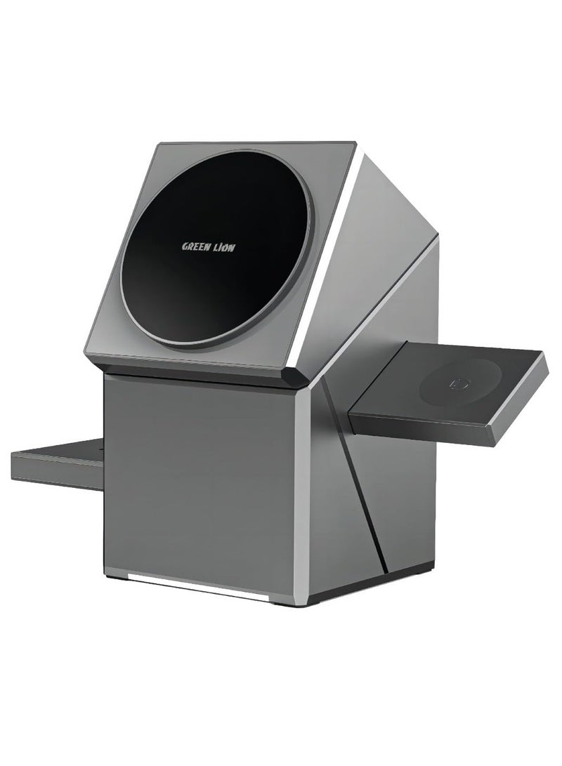 جرين ليون محطة شحن لاسلكي 3 في 1، شاحن سريع MagSafe متوافق مع الهاتف، الساعة والسماعات، شاحن لاسلكي مع تدوير تلقائي، تصميم قابل للفتح، مغناطيس فائق N52 مدمج، سهل الاستخدام، مزايا أمان - رمادي - Image 1